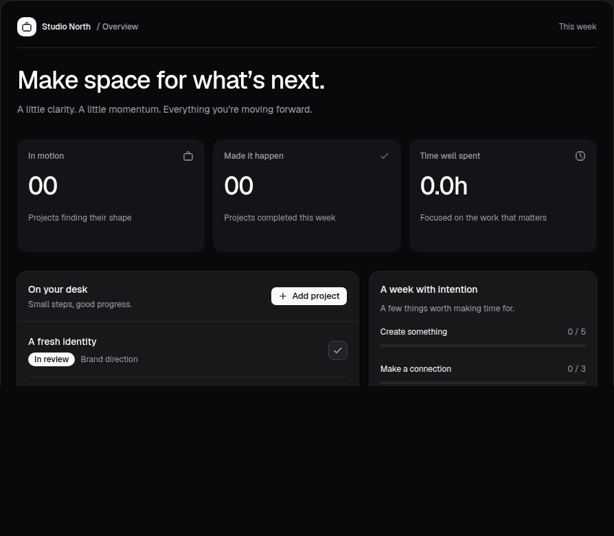 Creator Core dashboard composition showing summary cards, project rows, actions, and synchronized progress in dark mode.