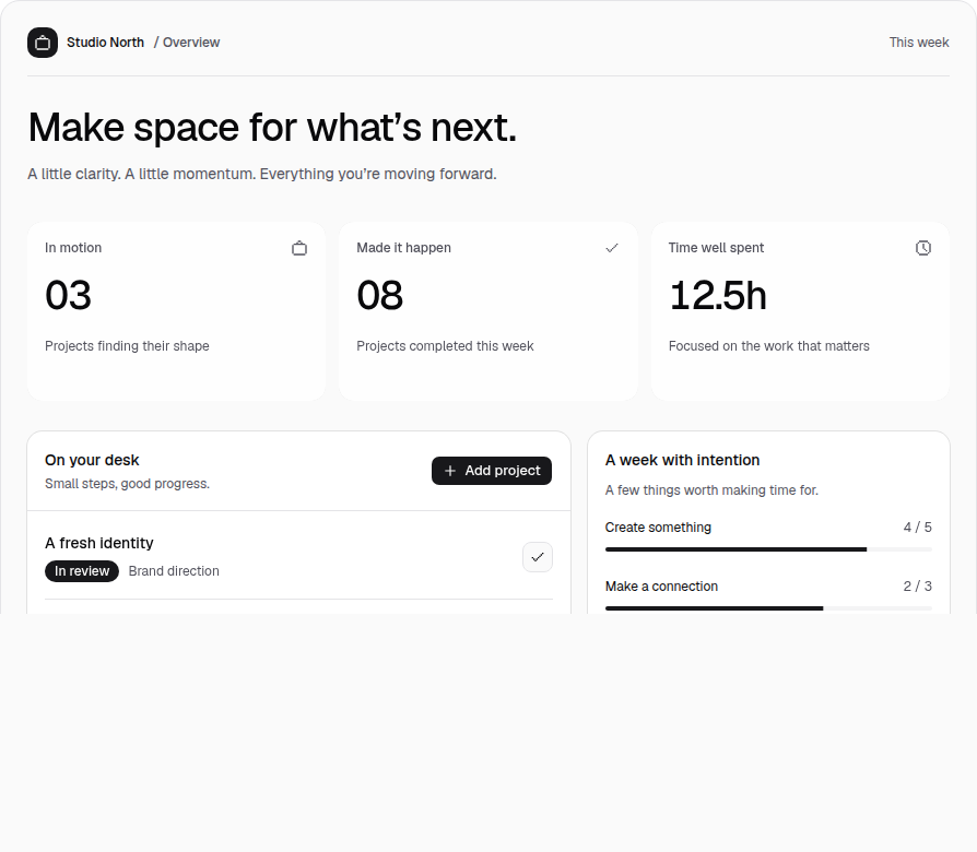 Creator Core dashboard composition showing summary cards, project rows, actions, and synchronized progress in light mode.